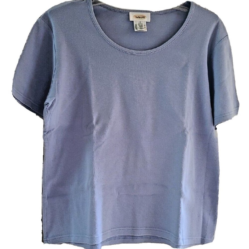 Talbots Womens Top Size S Periwinkle Solid Knit Shirt Short Sleeve Cotton Blouse